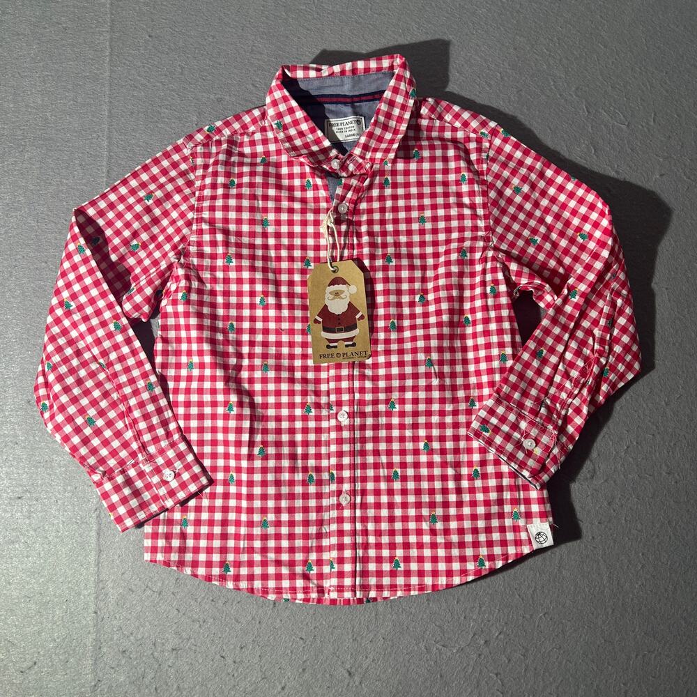Free Planet Boys Christmas Gingham Tree Shirt Size 6 NWT